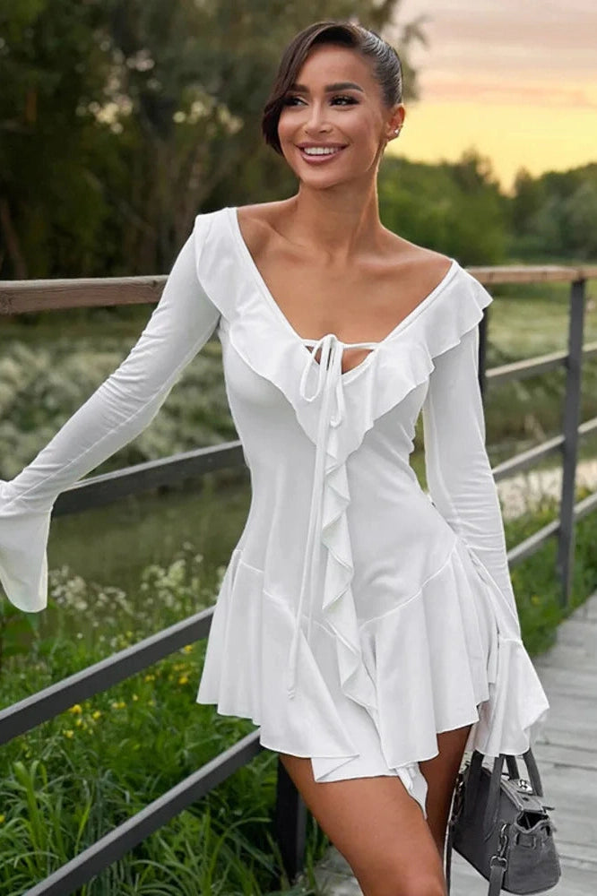 Deep V-Neck Bodycon Dress with Flared Sleeves