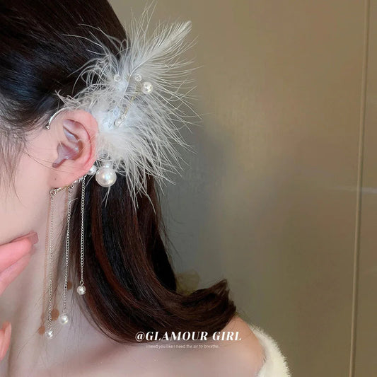 Lizakosht Unique Long White Feather Pearl Tassel Earrings for Women Creative Clip-On Party Jewelry No Piercing
