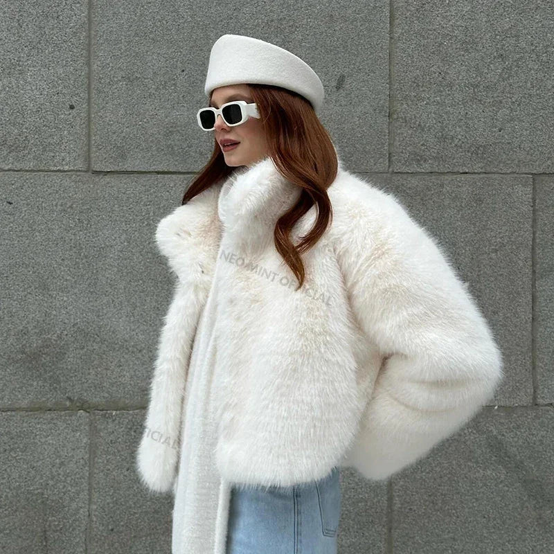 Winter Women Yellow Faux Fur Jacket Chic Girls Fashion Streetwear Thicken Warm Stand Collar Fox Fur Coat Outerwear