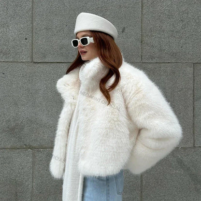 Winter Women Yellow Faux Fur Jacket Chic Girls Fashion Streetwear Thicken Warm Stand Collar Fox Fur Coat Outerwear