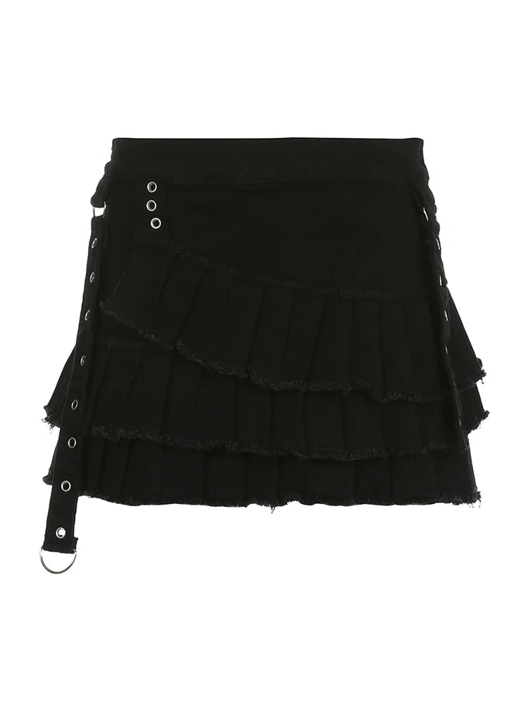 Punk Gothic Black Eyelet Ribbon Denim Skirt Women Low Waist Asymmetrical Tiered Pleated Short Jean Skirts Y2K