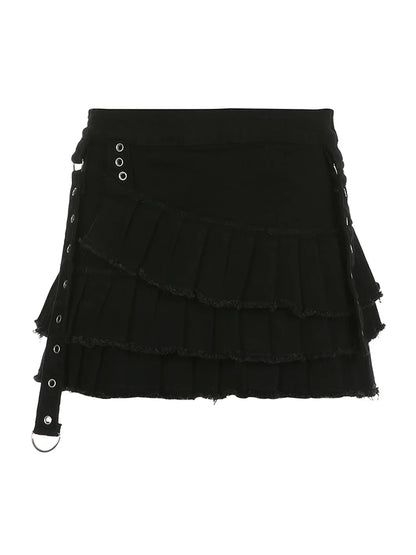 Punk Gothic Black Eyelet Ribbon Denim Skirt Women Low Waist Asymmetrical Tiered Pleated Short Jean Skirts Y2K