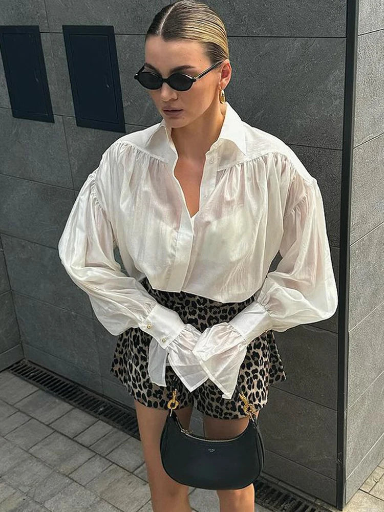 Autumn See-Through Casual Shirts Top For Women Loose Slim Long Sleeve Lapel Cardigan Streetwear Women’s Pleated Shirts Top