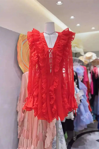 V-Neck Lace-Up Ruffled Mini Dress