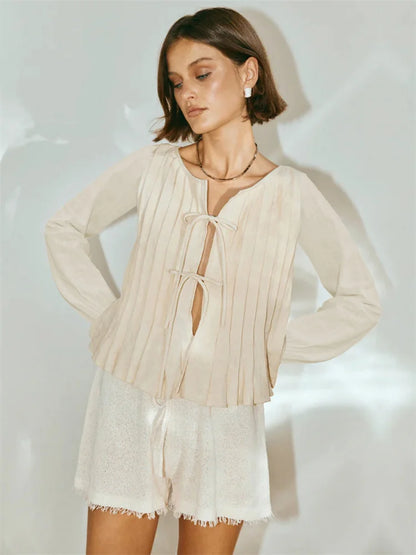 Patchwork Fashion Lace-Up Shirts Top For Women Hollow Out Casual Bandage Solid Elegant Long Sleeve Top Female Cropped Tee