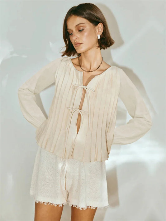 Patchwork Fashion Lace-Up Shirts Top For Women Hollow Out Casual Bandage Solid Elegant Long Sleeve Top Female Cropped Tee