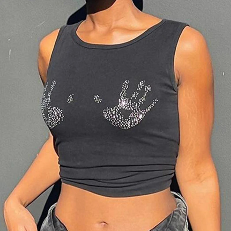 Y2K Trendy European and American Women’s Summer New Round Neck Hot Diamond Sleeveless Open Navel Slim Fit Tank Top T-shirt Top