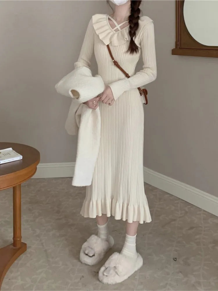 Autumn Knitted Dresses for Women Ruffles V-neck Solid Bodycon Casual Solid Midi Dress Korean Fashion Vestidos Mujer New Knitwear