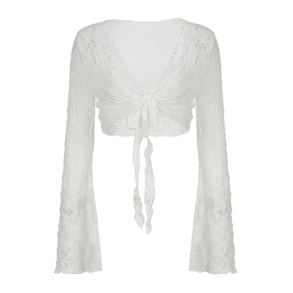Women Trumpet Sleeves Sunscreen Cardigans Fashion Y2K V Neck Cropped Top Streetwear Knitted White Lace-up Tee Shirt