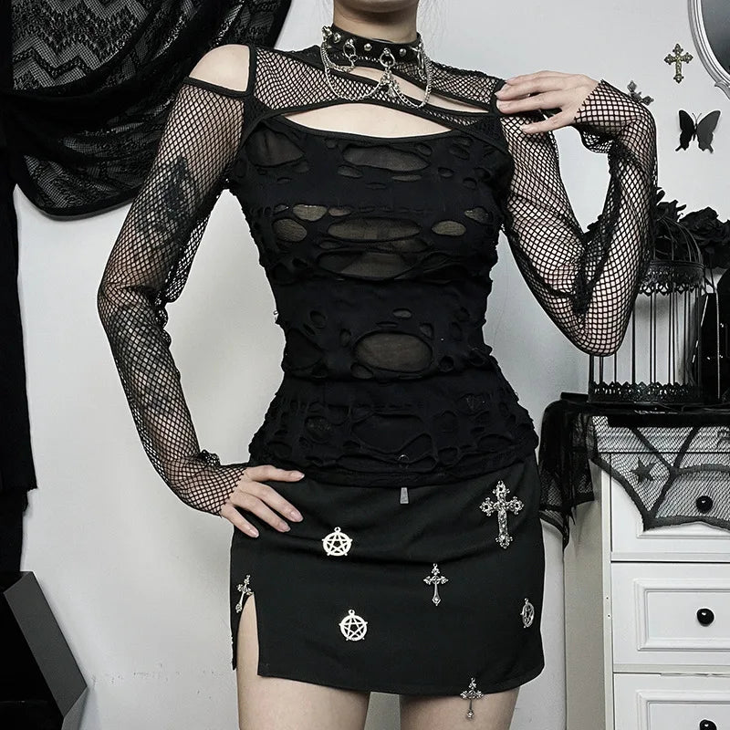 Gothic Chick Tops Y2k Personalized Dark Wind Slim Grid Hole Breaking Long Sleeve Tops FeTide