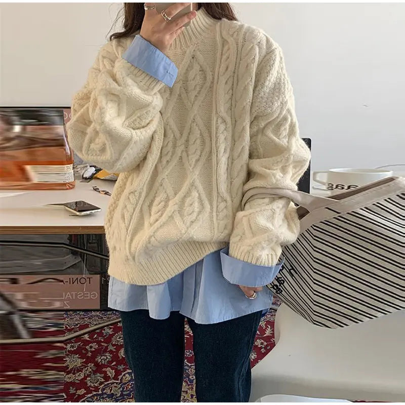 Thick Twisted Sweater Women Autumn Long Sleeve O-neck Female Knitted Pullover Solid Casual Loose Lady Kintwear Tops