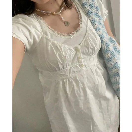Coquette Top y2k Fairycore Clothes Solid Color/Plaid Print V Neck Short Sleeve Tshirt Sweet Aesthetic Clothing