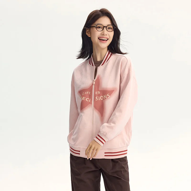 Coat Women Mid-Length Imitation Suede Loose Contrast Color Jacket Autumn Letter American Retro Star Baseball Coat