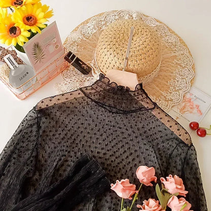 Women High Collar Mesh Perspective Blouse Summer Thin See Through Slim Bottoming Lace Long Flare Sleeved Tops