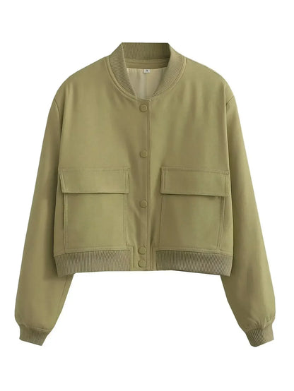 Basic Stand Collar Women Jacket Long Sleeve Cardigan Button Up Cropped Coat Baseball Outerwear Autumn Winter Clothes