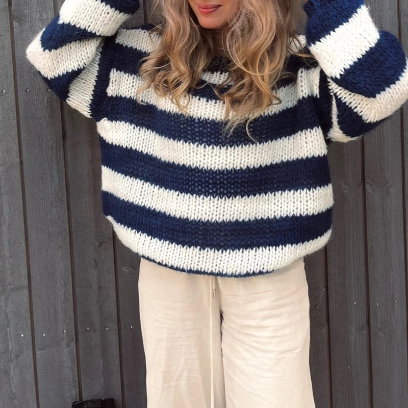 Striped Loose Fit Knitted Pullovers Women Autumn Spring Fashion Long Sleeve Knitwear Vintage Grunge Y2K Sweater Preppy Clothes