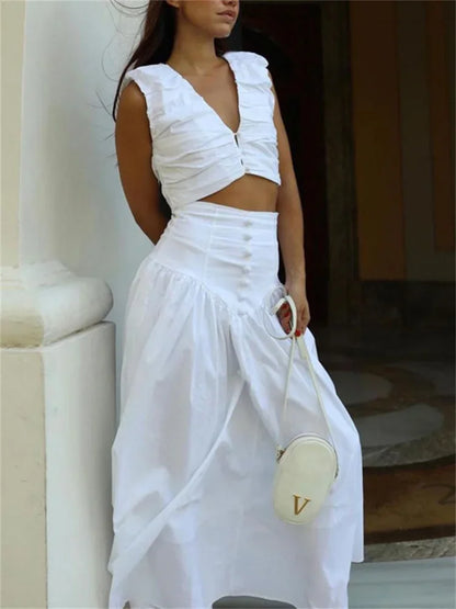 White Pleated 2 Piece-Set Maxi Skirt Women V-Neck Cropped Top And Patchwork Fashion Long Skirt Sets Ladies Solid Outfits