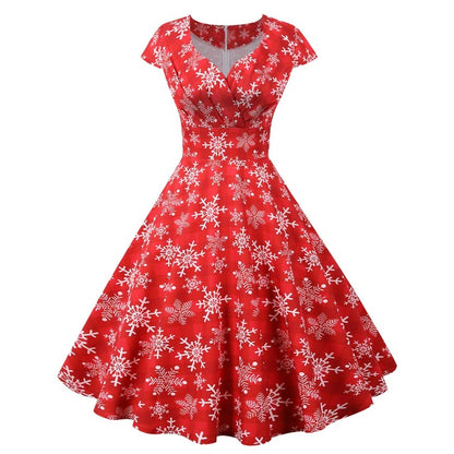 2025 Christmas Festival Dress Up Party Dresses Women Fashion Print Folds V-neck A-line Dress Lady Vintage Commuting Vestidos New