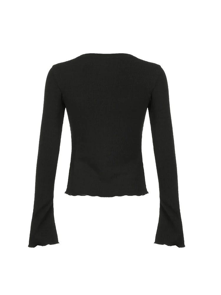 Black Solid Slim Flared Sleeve Elegant T Shirt Women Simple Basic Fashion Spring Autumn Knitted Top Tees