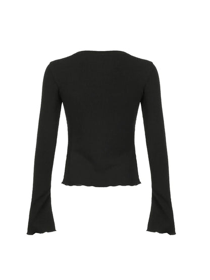 Black Solid Slim Flared Sleeve Elegant T Shirt Women Simple Basic Fashion Spring Autumn Knitted Top Tees