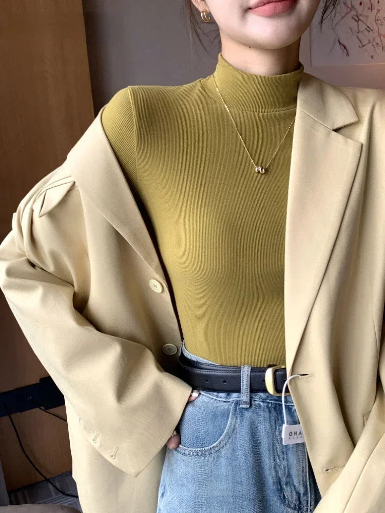 Women Autumn Winter Turtleneck Sweater Vintage Solid Basic Knitted Tops Casual Slim Pullover Korean Fashion Simple Chic Jumpers
