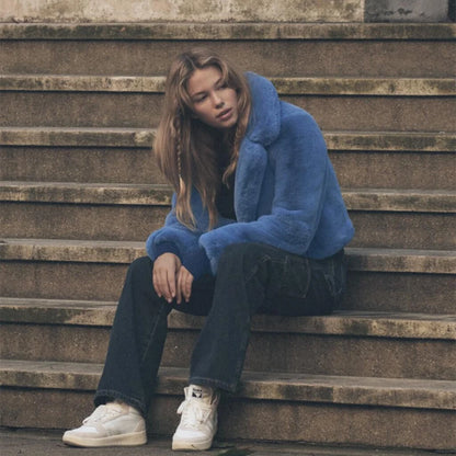 Ins Chic Street Fashion Girls Blue Cropped Plush Fur Coat Women Winter  New Trend Faux Rabbit Fur Jacket Coats Short Outwear