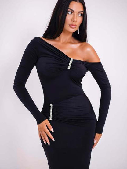Elegant Long Sleeved Elastic Tight Irregular Dress Sexy Backless Party Evening Dress Slim Fall Vestido  New Clothing