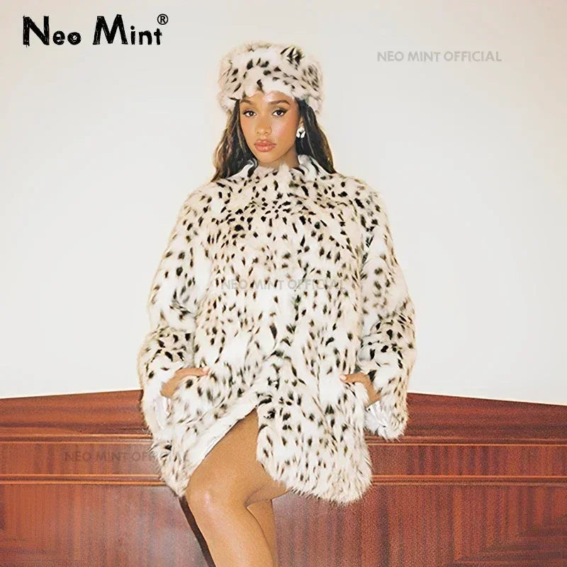Winter Brown Leopard Fluffy Faux Fur Coat Women Luxury Stand Fur Collar Fox Fur Outerwear Jacket Female Overcoats