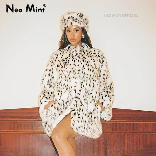 Winter Brown Leopard Fluffy Faux Fur Coat Women Luxury Stand Fur Collar Fox Fur Outerwear Jacket Female Overcoats