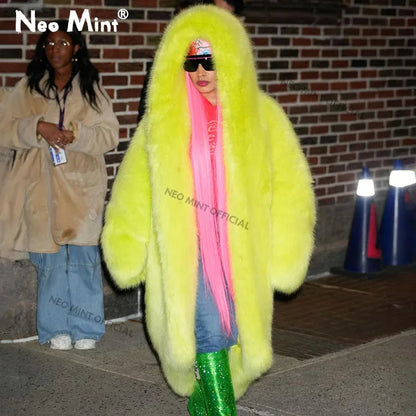 Women Luxury Brand Runway Fashion Long Hooded Faux Fur Coat Jacket Ins Nicki Minaj Neon Green Chunky Overcoat Outerwear