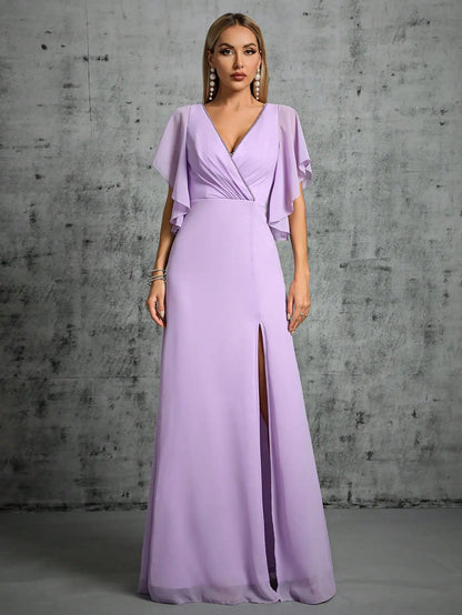 Beaded collar hem flared slit sleeve chest pleated chiffon slit skirt Evening gown Ball dress Party dress