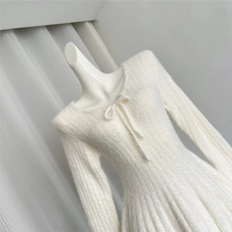 Sexy Solid Autumn Winter Elegant Knitted Dresses for Woman Y2K Harajuku Slim Sweater Dress New Korean Chic Mini Party Dress