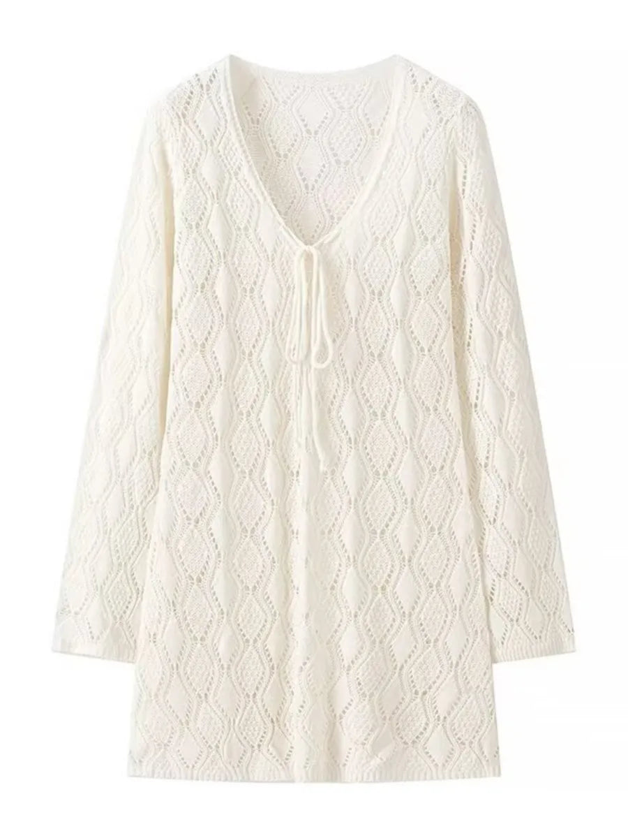 Solid Hollow Out Knitted Beach Dress Women 2024 New V Neck Long Sleeve Lace-up Vestidos Summer Sexy Fashion Holiday Mini Dresses