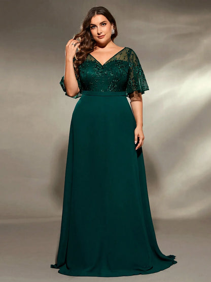 plus size V-neck See-through trumpet sleeve embroidered chiffon full skirt Evening gown Ball dress Party dress