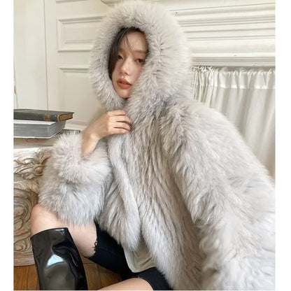 Winter Faux Fur Coat Women Hooded Loose Long Sleeve Outerwear High Street Luxury Fur Jacket Female Fashion Overcoats  New