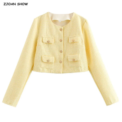 Autumn O neck Yellow Plaid Tweed Coat Cropped Vintage Women Front Pockets Gold Buttons Short Blazer Elegant Jacket