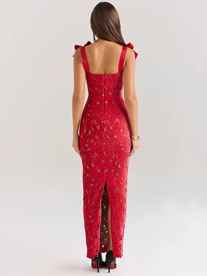 Bows Lace Sexy Maxi Dress For Women Fashion Sleeveless Backless Bodycon New Year’s Birthday Club Party Long Dress
