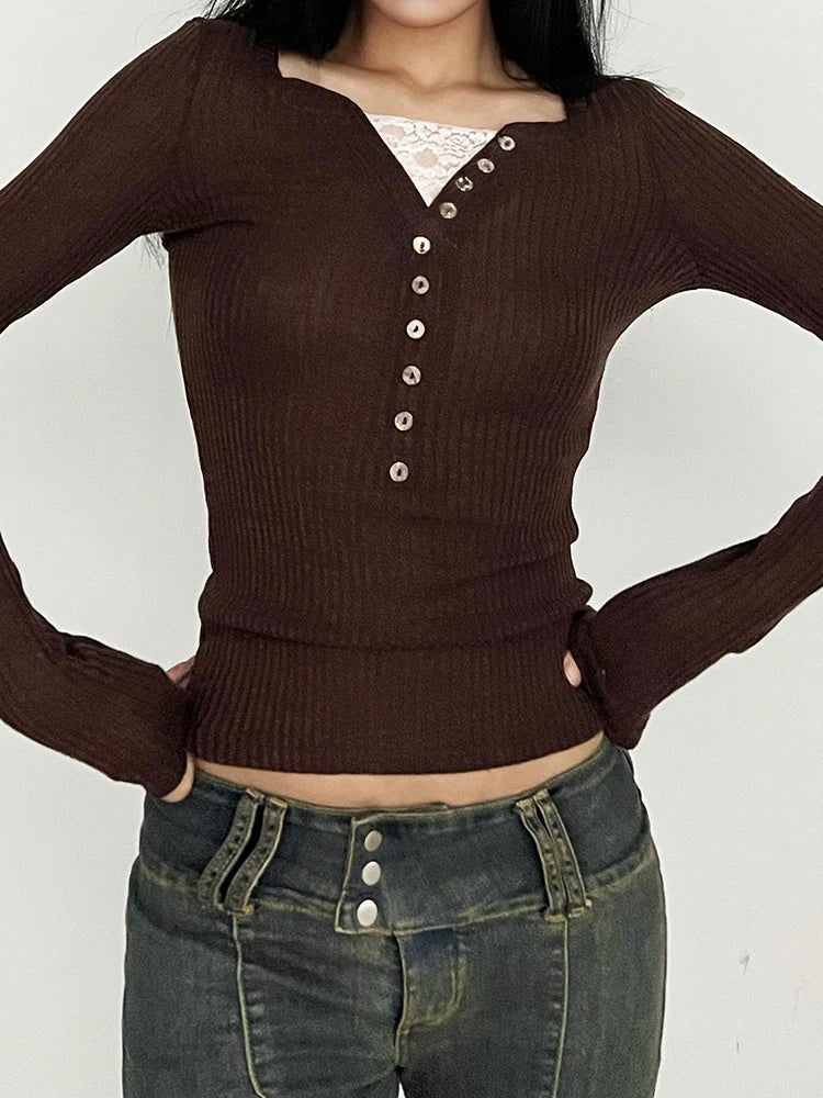 Contrast Lace Patchwork Ribbed Slim Basic Long Sleeve T Shirt Women Brown American Retro Spring Autumn Button Tees