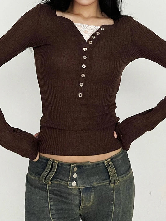 Contrast Lace Patchwork Ribbed Slim Basic Long Sleeve T Shirt Women Brown American Retro Spring Autumn Button Tees