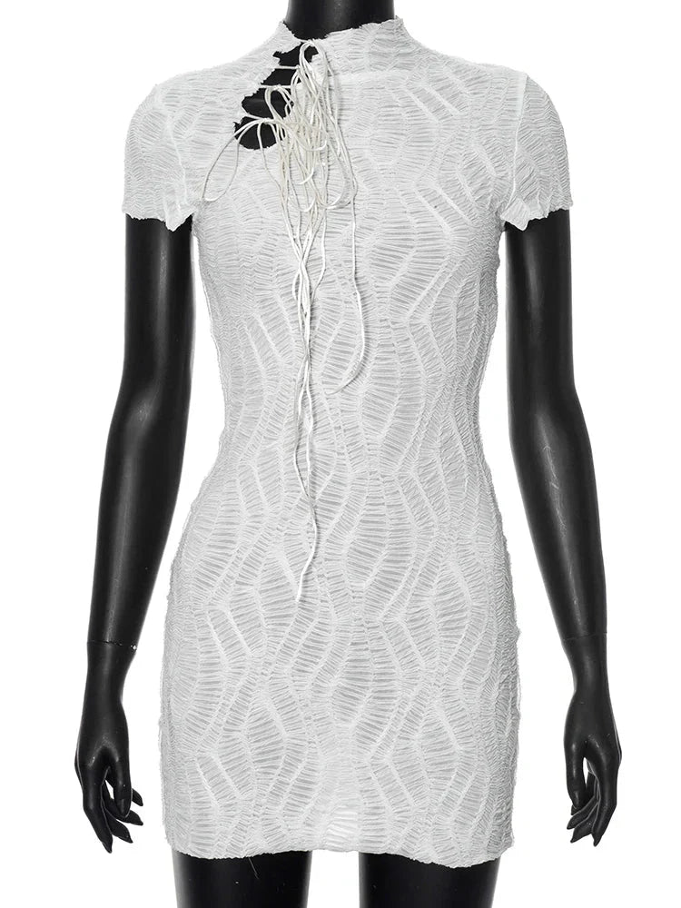 Jacquard Shirring Dress See Through Elegant Chic Y2K Shorts Sleeve Peach Hip Simple Mini Bodycon