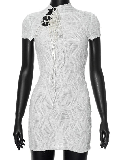 Jacquard Shirring Dress See Through Elegant Chic Y2K Shorts Sleeve Peach Hip Simple Mini Bodycon