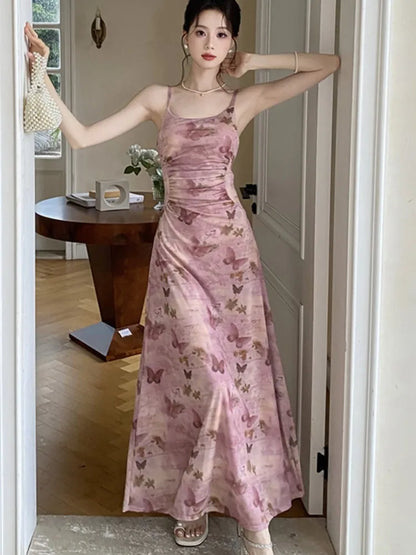 Sexy Printed Long Dresses for Women Mesh Spaghetti Strap Slim A-line Party Dress Summer Korean Fashion One Piece Vestido Mujer