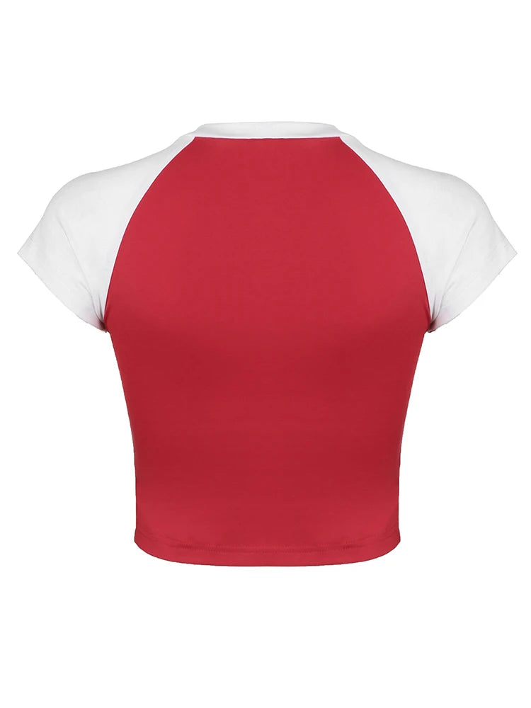Christmas American Retro Casual Tee Contrast Patchwork Letter Print Sporty Football Jersey O Neck Short Sleeve Summer Crop Tops