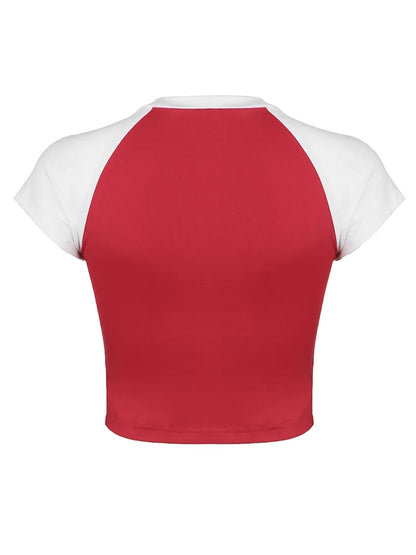 Christmas American Retro Casual Tee Contrast Patchwork Letter Print Sporty Football Jersey O Neck Short Sleeve Summer Crop Tops