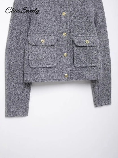 Elegant Woolen Blends Coat For Women O-neck Metal Button Gray Long Sleeve Pockets Jackets  Autumn Lady High Street Outwear