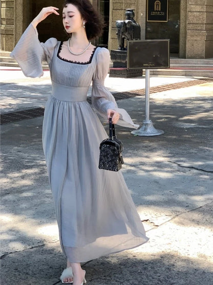 Autumn Princess Midi Dresses for Women Square Collar Flare Sleeve A-line Party Dress Slim Waist Korean One Piece Vestidos New