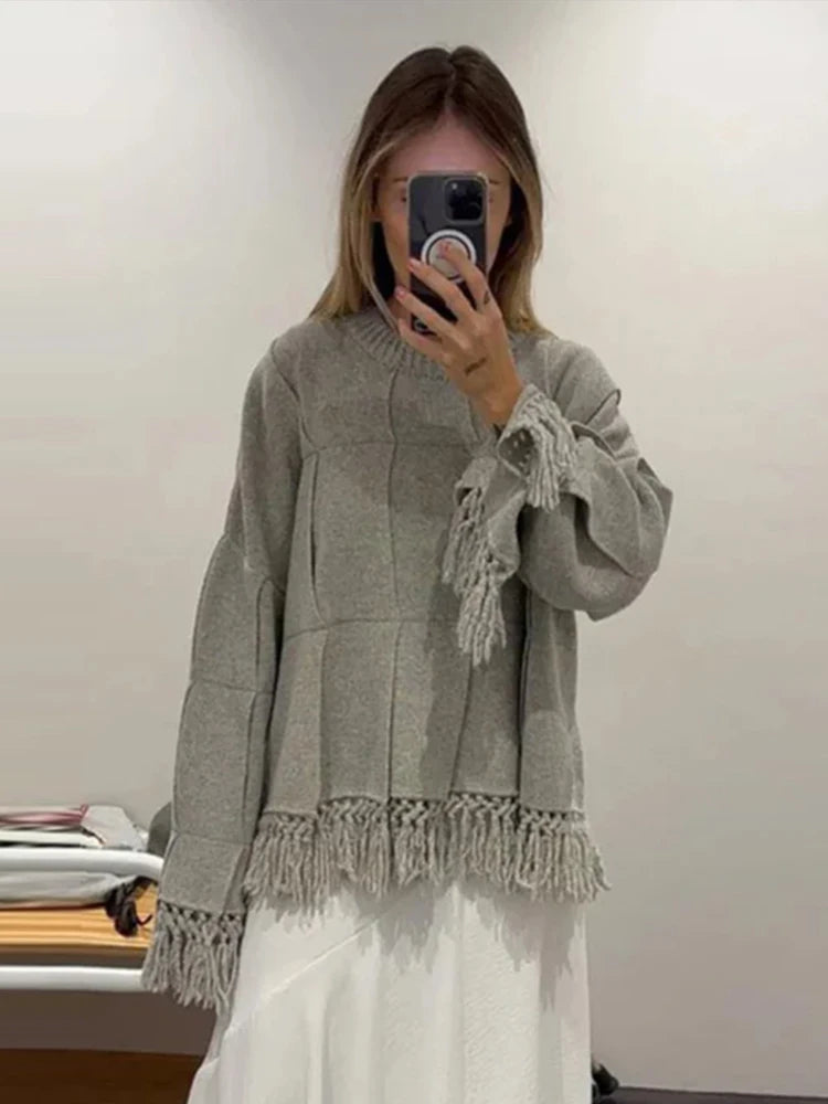 Vintage Solid Pleated Tassel Sweaters Women Casual Loose Knitted Pullover Sweater Female Autumn Chic Elegant High Street Tops