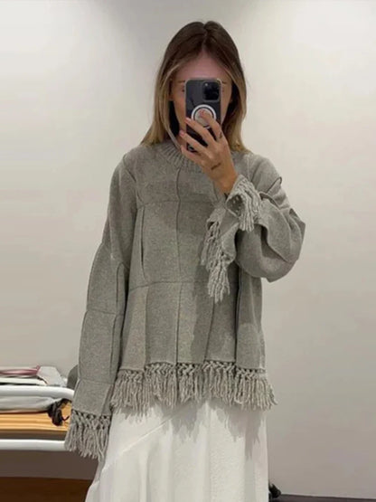 Vintage Solid Pleated Tassel Sweaters Women Casual Loose Knitted Pullover Sweater Female Autumn Chic Elegant High Street Tops