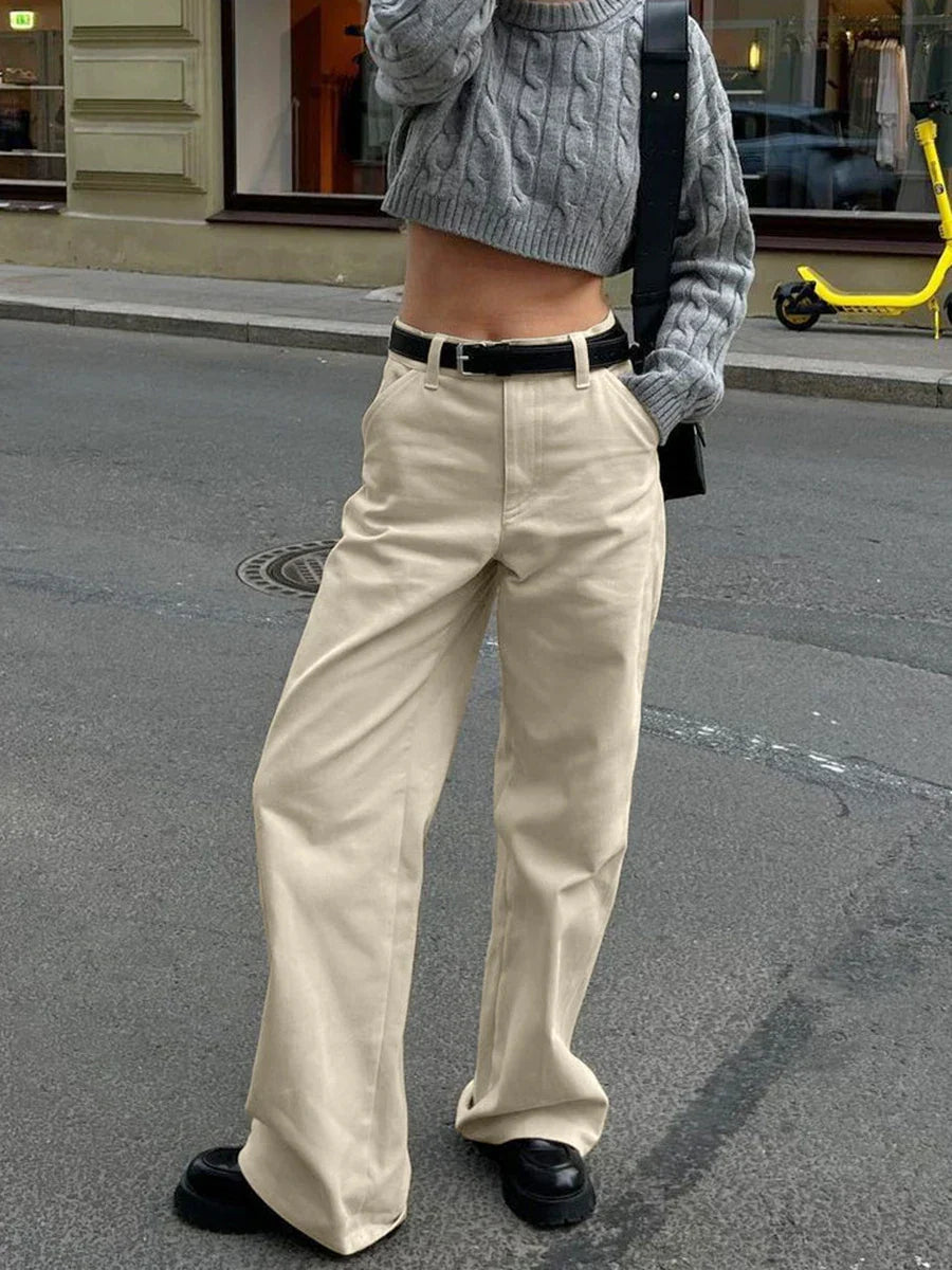 Khaki Classic Wide Leg Pant Women High Waist Pocket Loose Simple Trouser Autumn Winter Streetwear Fashion Casual Pants New