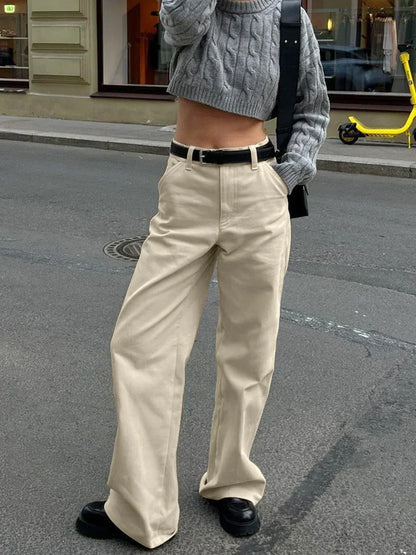 Khaki Classic Wide Leg Pant Women High Waist Pocket Loose Simple Trouser Autumn Winter Streetwear Fashion Casual Pants New